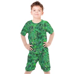 Jungle Green Abstract Art Kids  Tee And Shorts Set by SpinnyChairDesigns