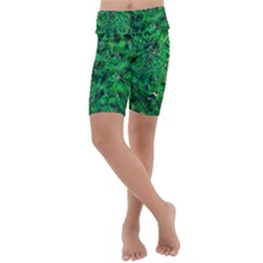 Jungle Green Abstract Art Kids  Lightweight Velour Cropped Yoga Leggings by SpinnyChairDesigns