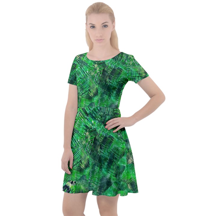 Jungle Green Abstract Art Cap Sleeve Velour Dress 