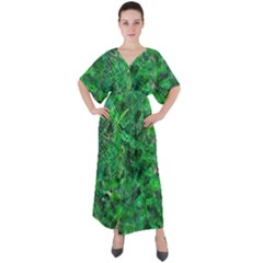 Jungle Green Abstract Art V-neck Boho Style Maxi Dress by SpinnyChairDesigns