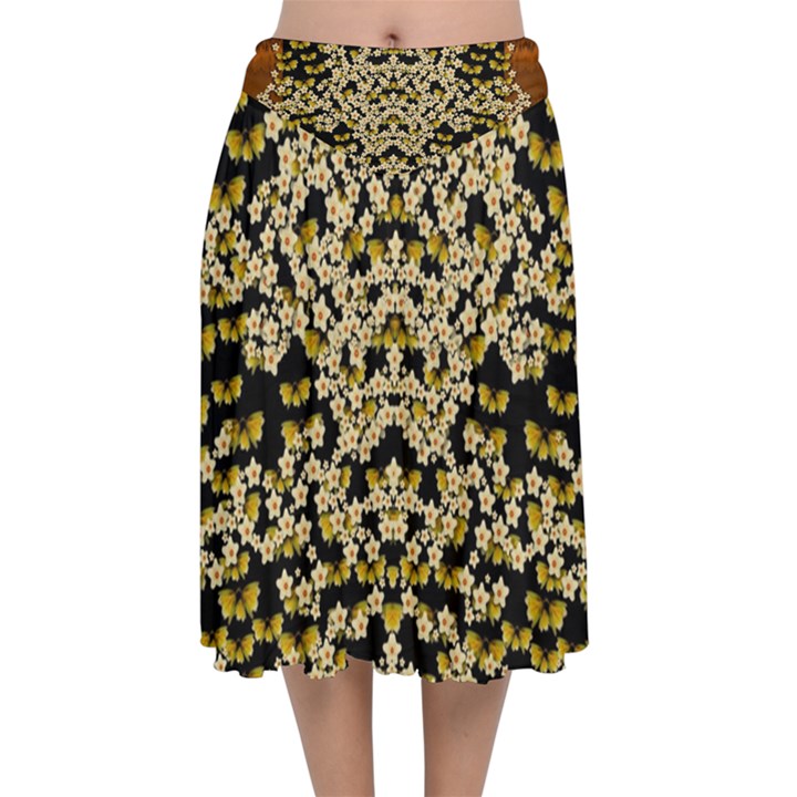 Free As A Flower And Frangipani In  Freedom Velvet Flared Midi Skirt