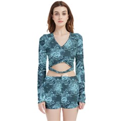 Teal Turquoise Abstract Art Velvet Wrap Crop Top