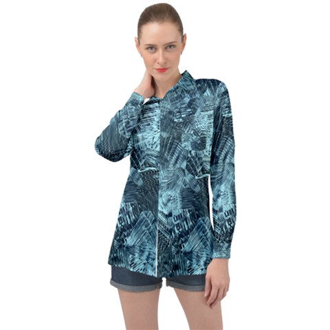 Teal Turquoise Abstract Art Long Sleeve Satin Shirt by SpinnyChairDesigns