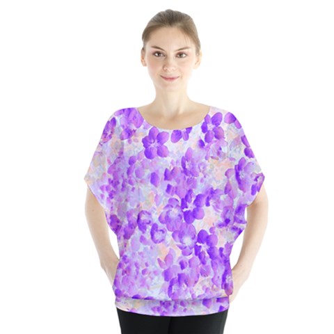 Purple Spring Flowers Batwing Chiffon Blouse by DinkovaArt