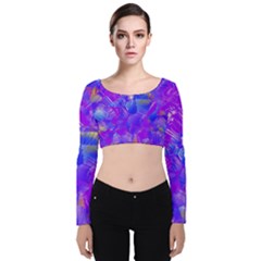 Fuchsia Magenta Abstract Art Velvet Long Sleeve Crop Top by SpinnyChairDesigns