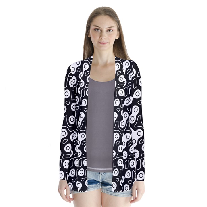 Black and White Abstract Art Drape Collar Cardigan