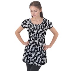 Black And White Abstract Art Puff Sleeve Tunic Top by SpinnyChairDesigns