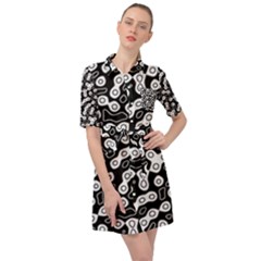 Black And White Abstract Art Belted Shirt Dress by SpinnyChairDesigns