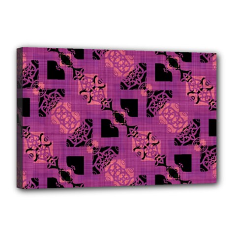 Fuchsia Black Abstract Checkered Stripes  Canvas 18  X 12  (stretched) by SpinnyChairDesigns