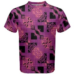 Fuchsia Black Abstract Checkered Stripes  Men s Cotton Tee by SpinnyChairDesigns