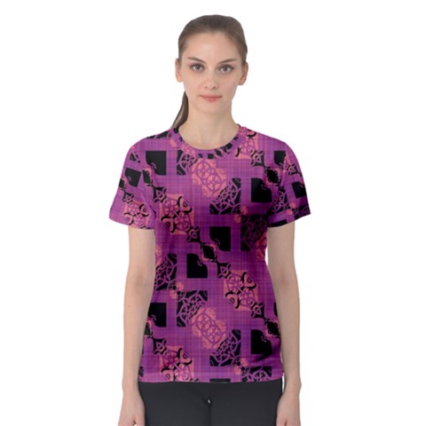 Fuchsia Black Abstract Checkered Stripes  Women s Sport Mesh Tee by SpinnyChairDesigns