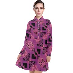 Fuchsia Black Abstract Checkered Stripes  Long Sleeve Chiffon Shirt Dress