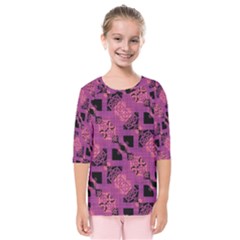 Fuchsia Black Abstract Checkered Stripes  Kids  Quarter Sleeve Raglan Tee