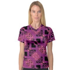 Fuchsia Black Abstract Checkered Stripes  V-Neck Sport Mesh Tee