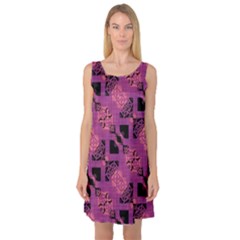 Fuchsia Black Abstract Checkered Stripes  Sleeveless Satin Nightdress