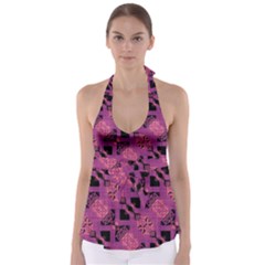 Fuchsia Black Abstract Checkered Stripes  Babydoll Tankini Top