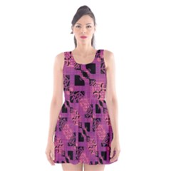 Fuchsia Black Abstract Checkered Stripes  Scoop Neck Skater Dress