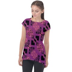 Fuchsia Black Abstract Checkered Stripes  Cap Sleeve High Low Top