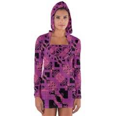 Fuchsia Black Abstract Checkered Stripes  Long Sleeve Hooded T-shirt