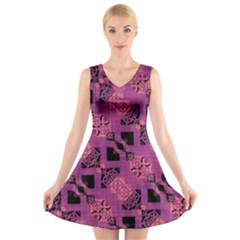 Fuchsia Black Abstract Checkered Stripes  V-Neck Sleeveless Dress