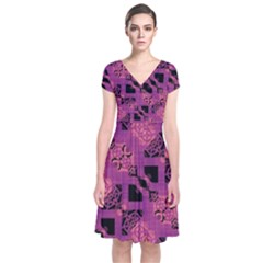 Fuchsia Black Abstract Checkered Stripes  Short Sleeve Front Wrap Dress by SpinnyChairDesigns