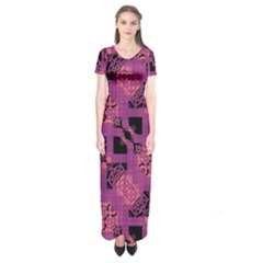 Fuchsia Black Abstract Checkered Stripes  Short Sleeve Maxi Dress