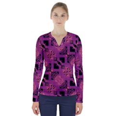 Fuchsia Black Abstract Checkered Stripes  V-Neck Long Sleeve Top