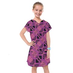 Fuchsia Black Abstract Checkered Stripes  Kids  Drop Waist Dress