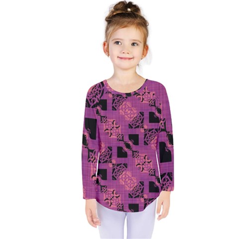 Fuchsia Black Abstract Checkered Stripes  Kids  Long Sleeve Tee by SpinnyChairDesigns