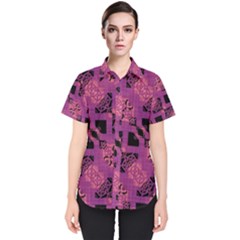 Fuchsia Black Abstract Checkered Stripes  Women s Short Sleeve Shirt