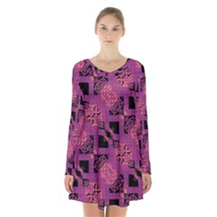 Fuchsia Black Abstract Checkered Stripes  Long Sleeve Velvet V-neck Dress