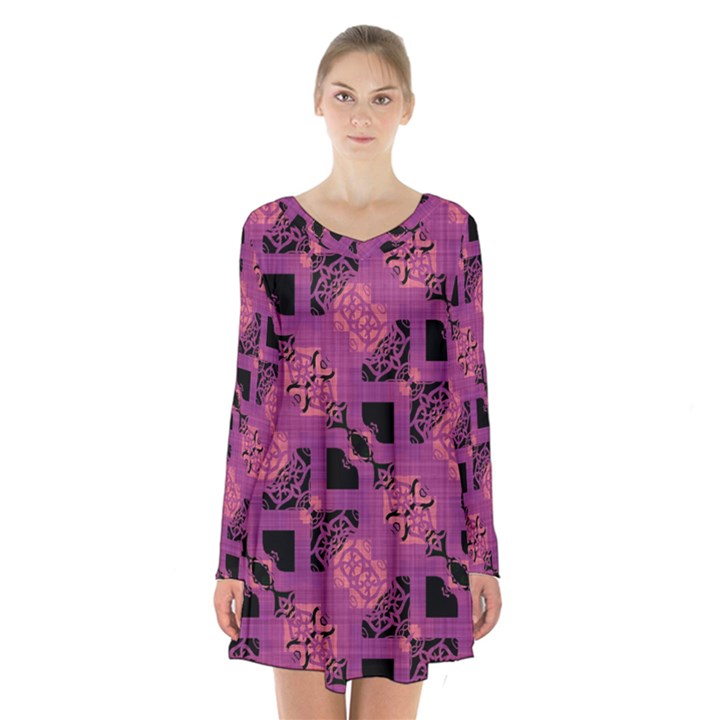 Fuchsia Black Abstract Checkered Stripes  Long Sleeve Velvet V-neck Dress