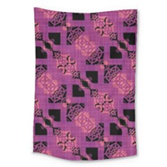 Fuchsia Black Abstract Checkered Stripes  Large Tapestry