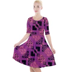 Fuchsia Black Abstract Checkered Stripes  Quarter Sleeve A-Line Dress