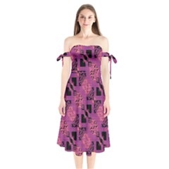 Fuchsia Black Abstract Checkered Stripes  Shoulder Tie Bardot Midi Dress