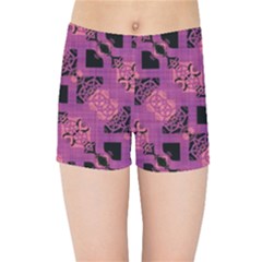 Fuchsia Black Abstract Checkered Stripes  Kids  Sports Shorts