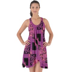 Fuchsia Black Abstract Checkered Stripes  Show Some Back Chiffon Dress