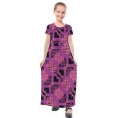 Fuchsia Black Abstract Checkered Stripes  Kids  Short Sleeve Maxi Dress