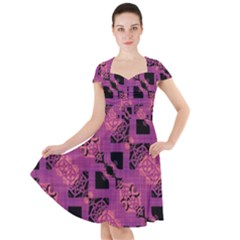 Fuchsia Black Abstract Checkered Stripes  Cap Sleeve Midi Dress