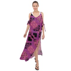 Fuchsia Black Abstract Checkered Stripes  Maxi Chiffon Cover Up Dress by SpinnyChairDesigns