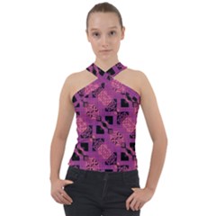 Fuchsia Black Abstract Checkered Stripes  Cross Neck Velour Top