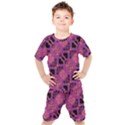 Fuchsia Black Abstract Checkered Stripes  Kids  Tee and Shorts Set View1