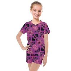 Fuchsia Black Abstract Checkered Stripes  Kids  Mesh Tee and Shorts Set