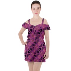 Fuchsia Black Abstract Checkered Stripes  Ruffle Cut Out Chiffon Playsuit by SpinnyChairDesigns