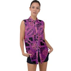 Fuchsia Black Abstract Checkered Stripes  Sleeveless Chiffon Button Shirt