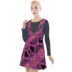 Fuchsia Black Abstract Checkered Stripes  Plunge Pinafore Velour Dress