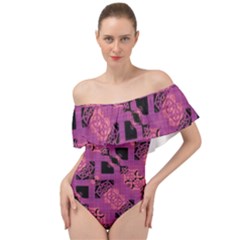 Fuchsia Black Abstract Checkered Stripes  Off Shoulder Velour Bodysuit 