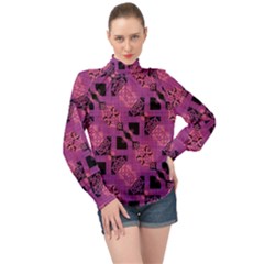 Fuchsia Black Abstract Checkered Stripes  High Neck Long Sleeve Chiffon Top