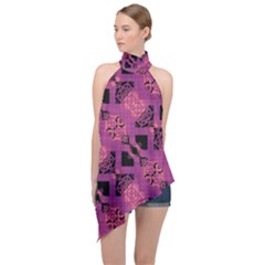 Fuchsia Black Abstract Checkered Stripes  Halter Asymmetric Satin Top