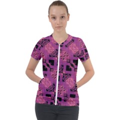 Fuchsia Black Abstract Checkered Stripes  Short Sleeve Zip Up Jacket